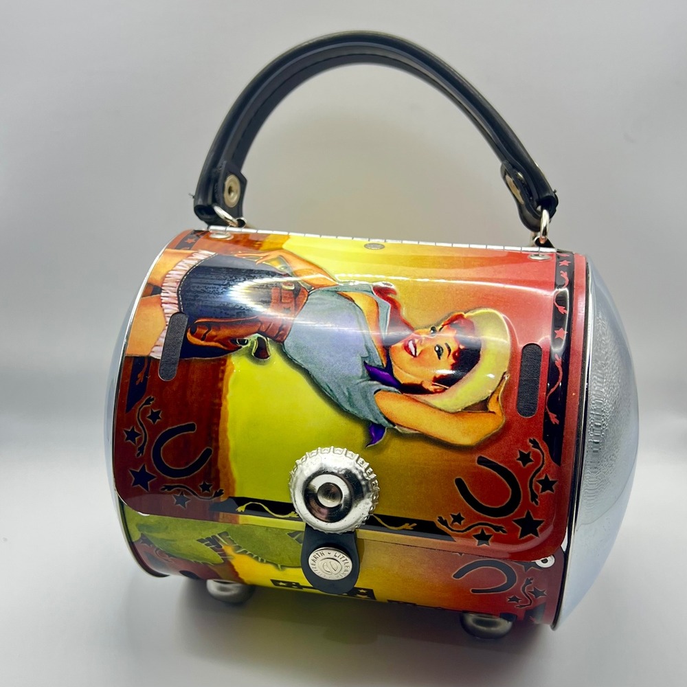 Little Earth Happy Trails Pinup Cowgirl Recycled Metal Barrel Purse Bottle Cap